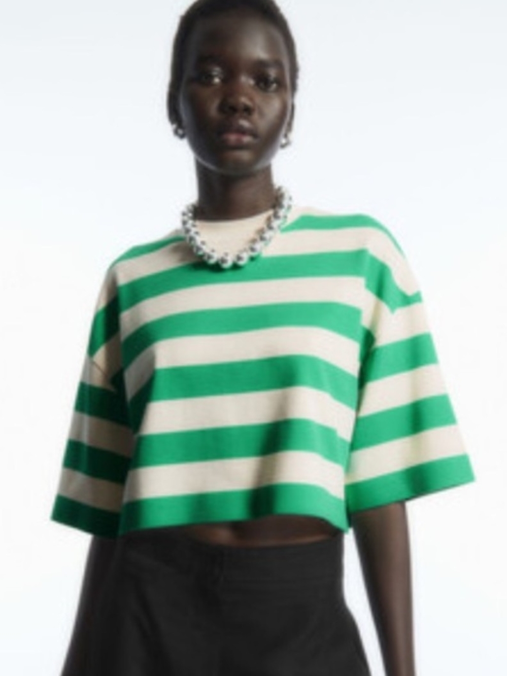 COS Highline Green & Cream Wide-Stripe Tee - Picture 3 of 6